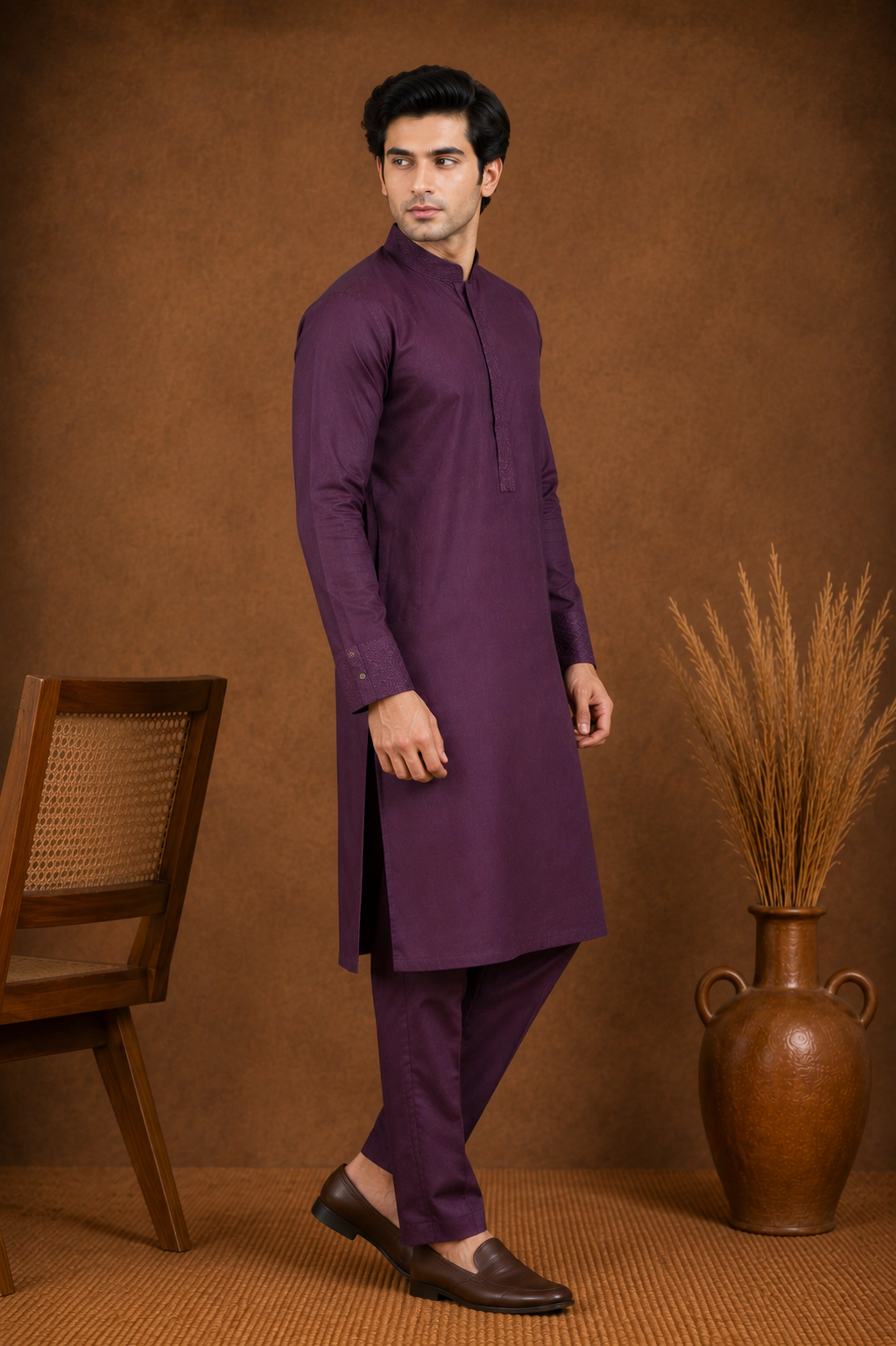 Men's Plum Silk Kurta with Bottom view 4