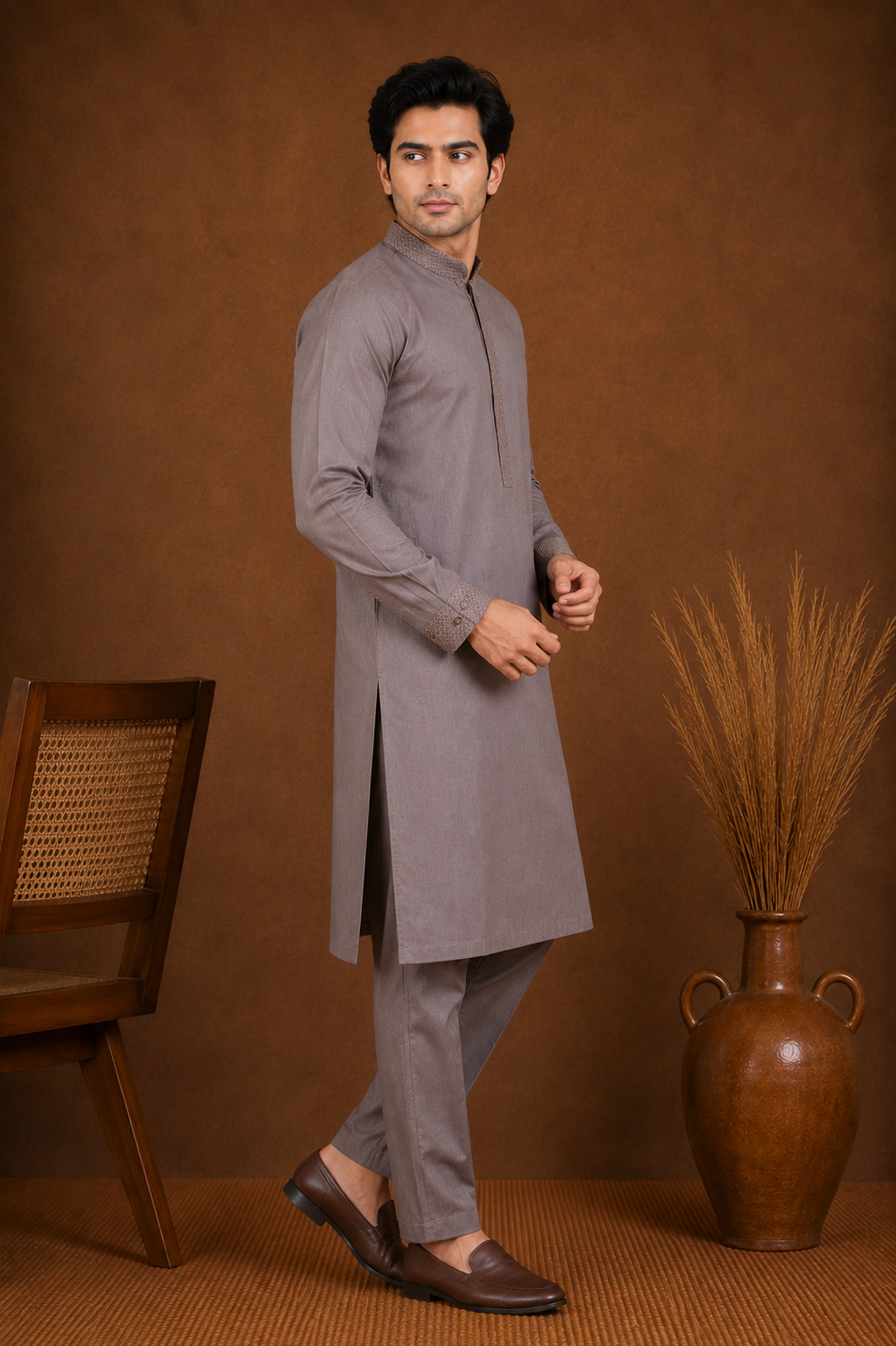 Men's Plum Silk Kurta with Bottom (Copy) view 4
