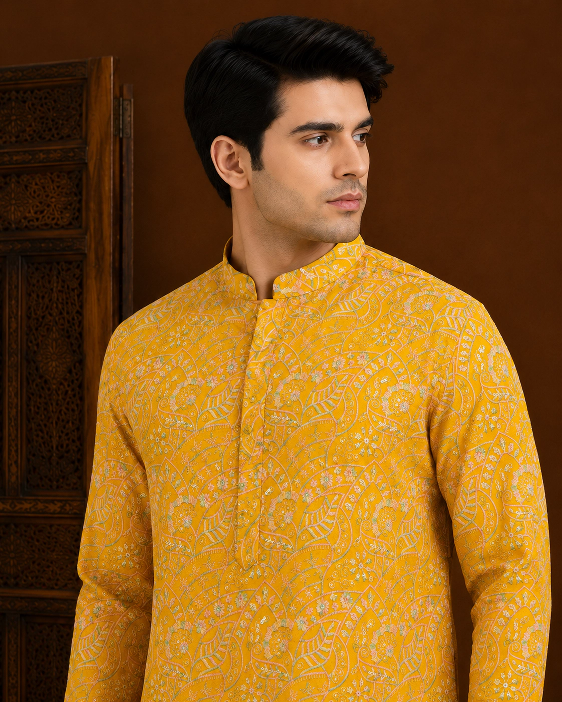 Men's Mustard Yellow Embroidered Silk Kurta view 2