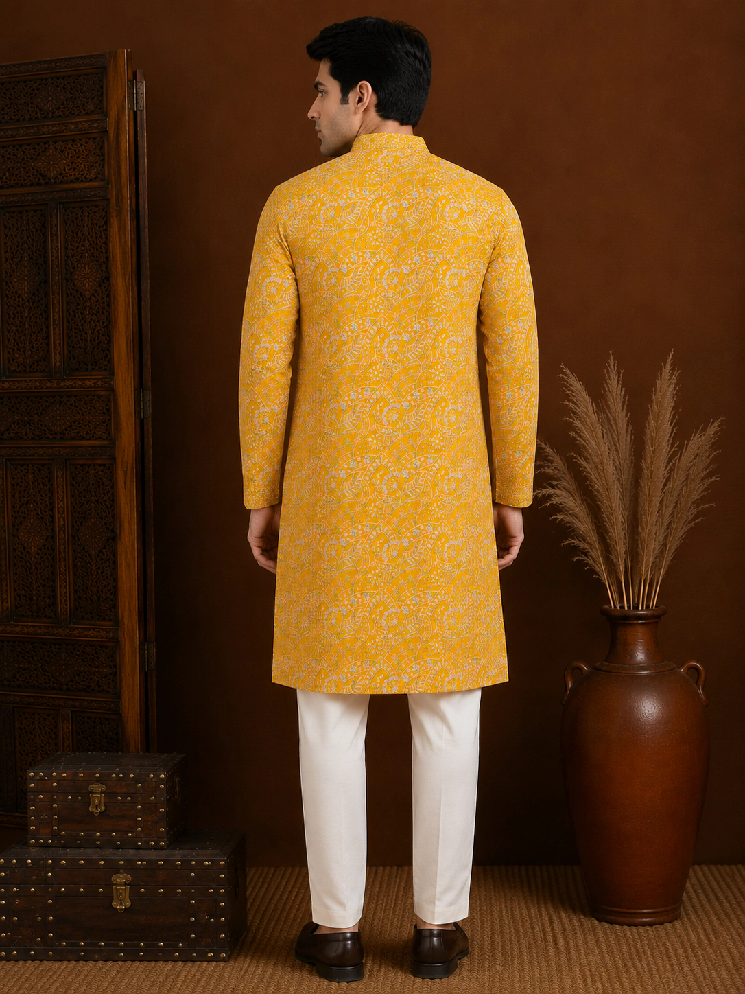 Men's Mustard Yellow Embroidered Silk Kurta view 3