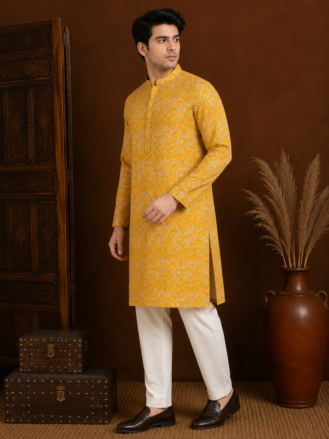 Men's Mustard Yellow Embroidered Silk Kurta view 4