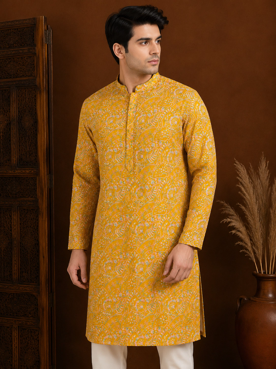 Men's Mustard Yellow Embroidered Silk Kurta