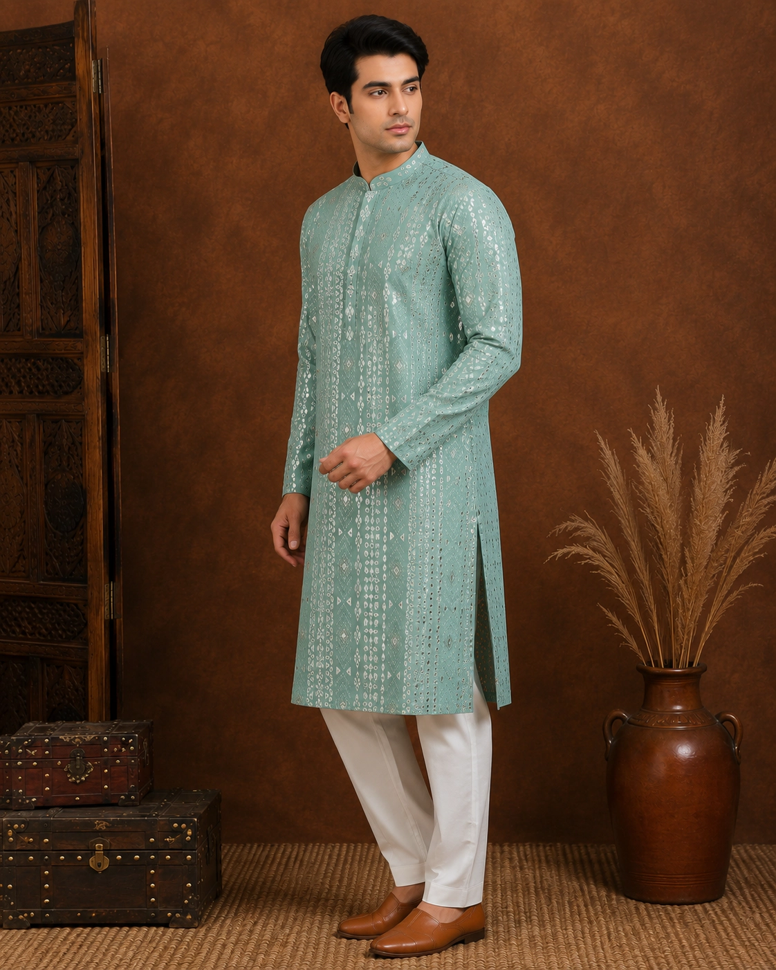 Men's Mint Green Embroidered Silk Kurta view 4