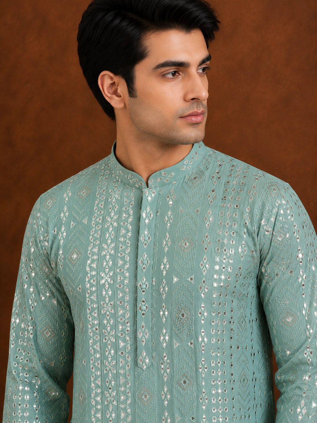 Men's Mint Green Embroidered Silk Kurta view 2