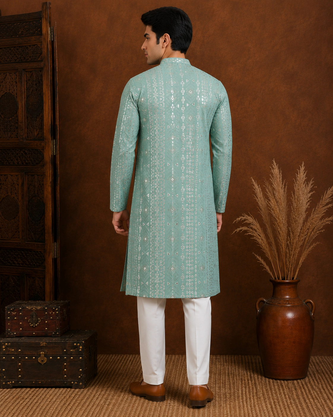 Men's Mint Green Embroidered Silk Kurta view 3