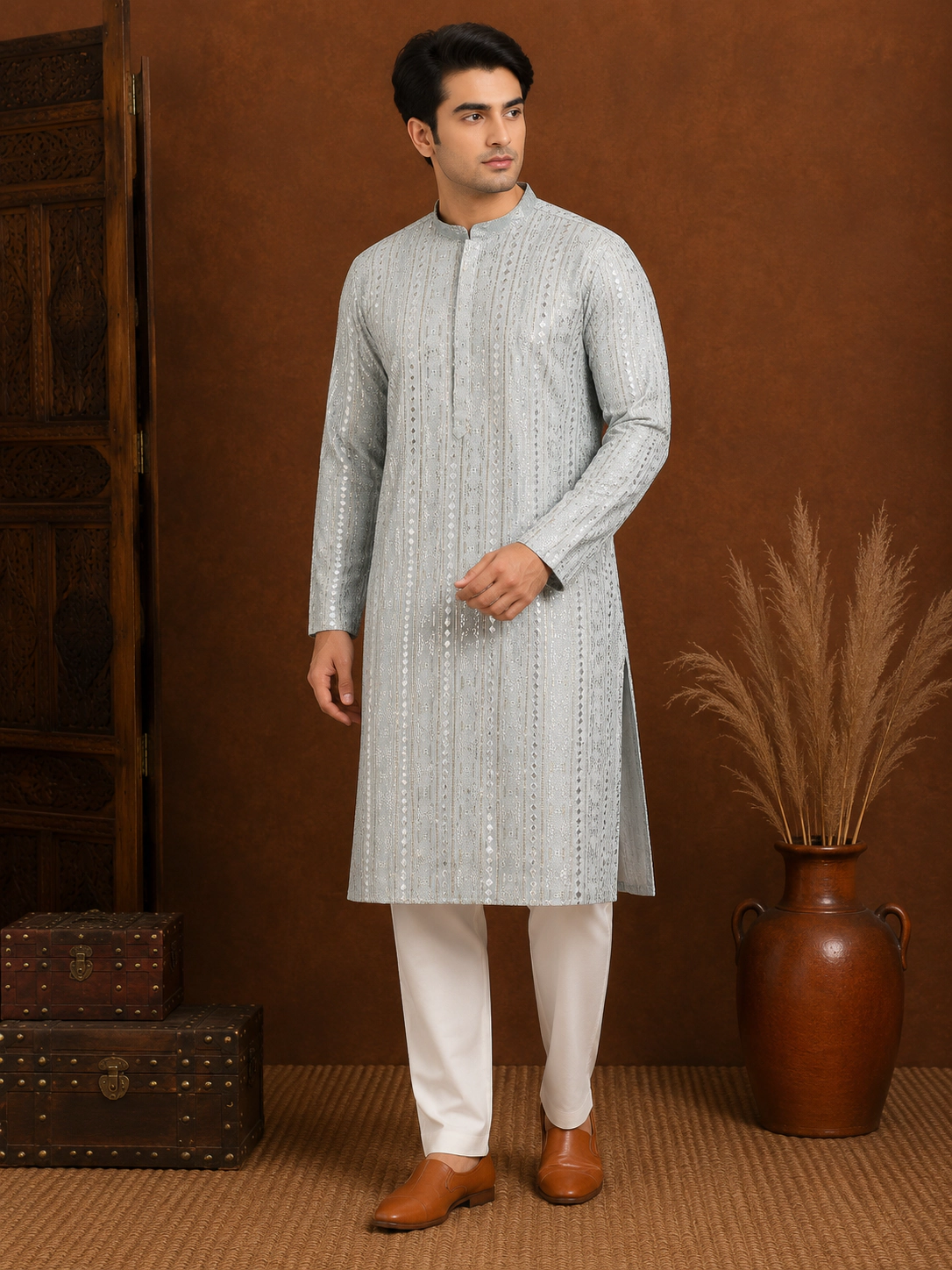 Men's Ice Blue Embroidered Silk Kurta