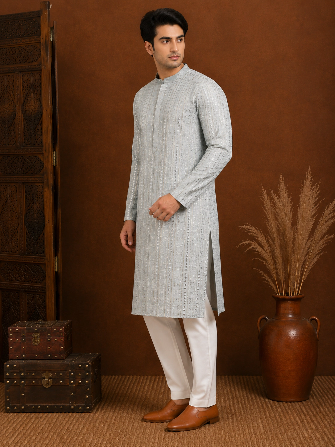Men's Ice Blue Embroidered Silk Kurta view 4