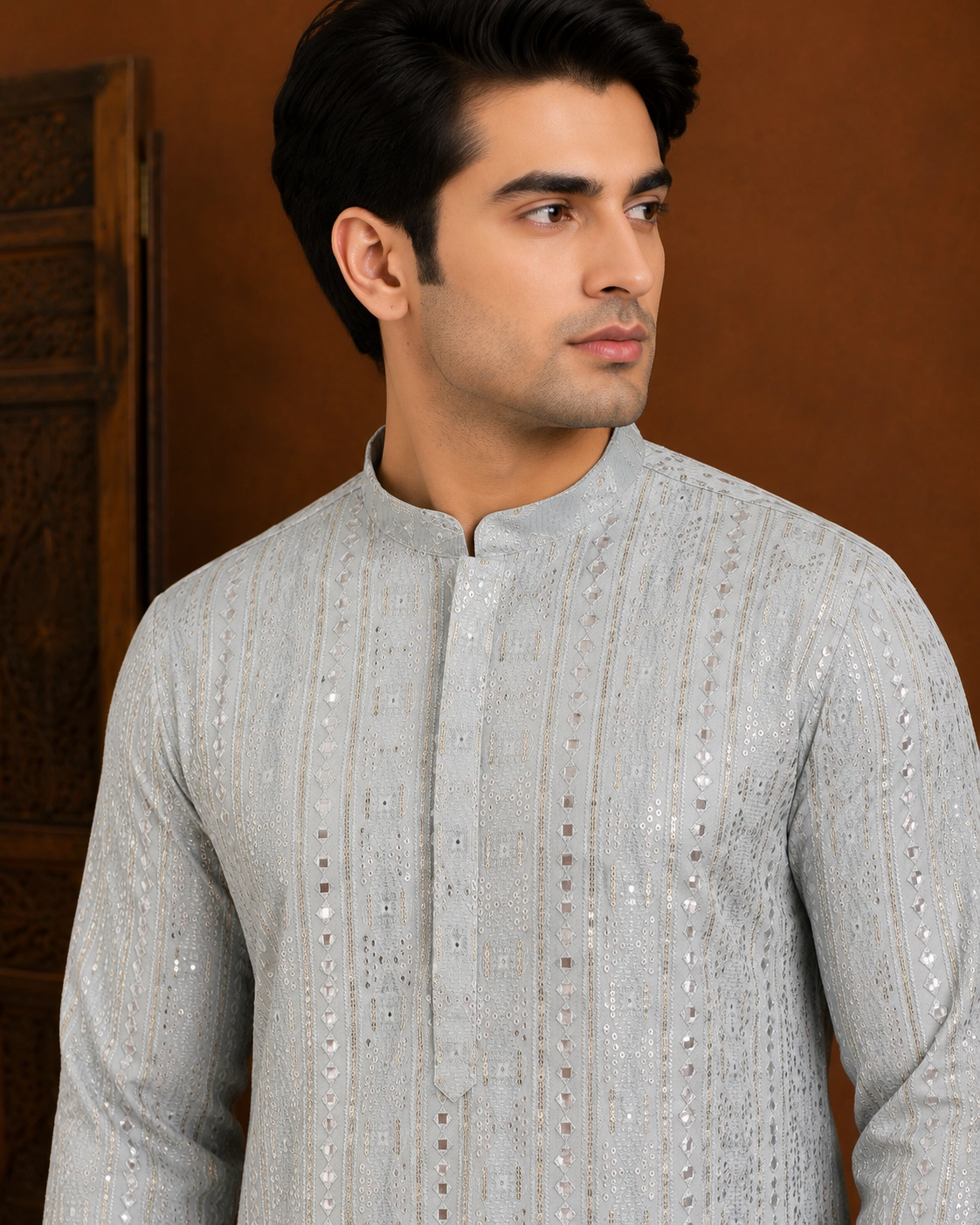 Men's Ice Blue Embroidered Silk Kurta view 2