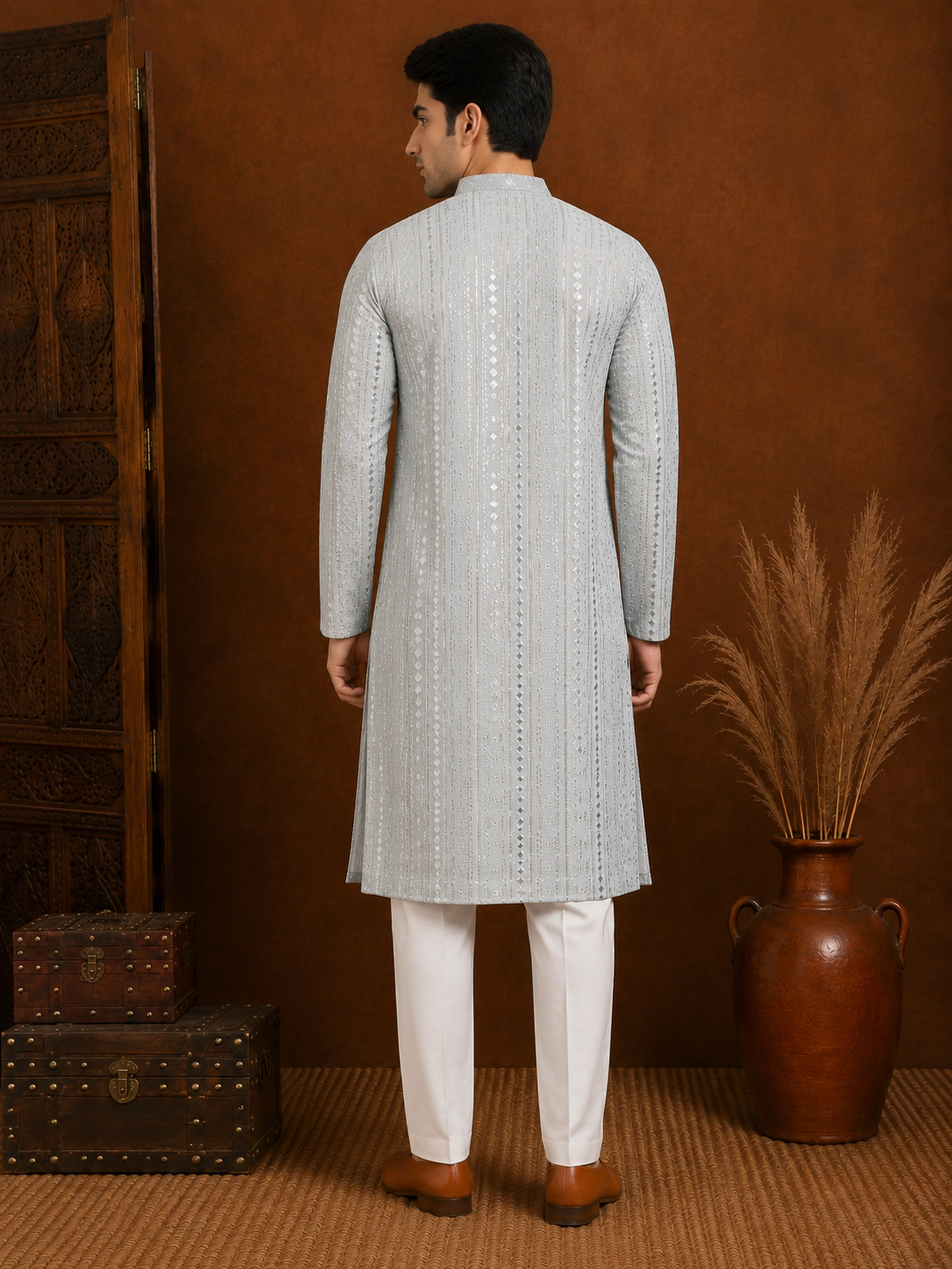 Men's Ice Blue Embroidered Silk Kurta view 3