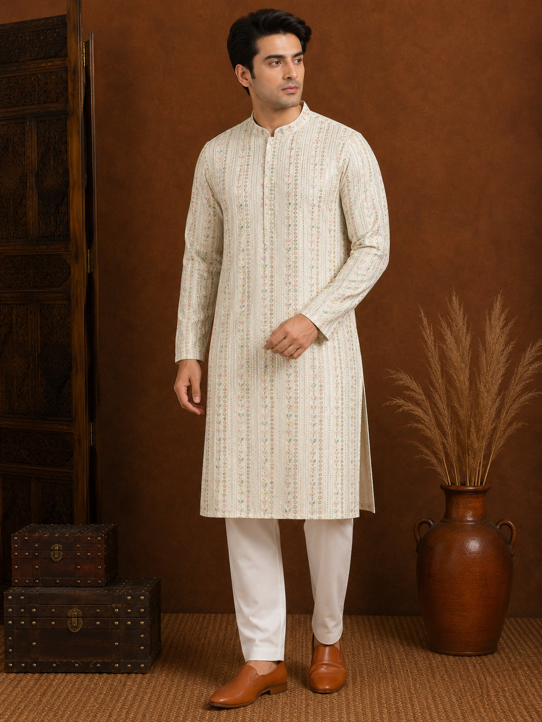 Men's Ivory Floral Embroidered Silk Kurta