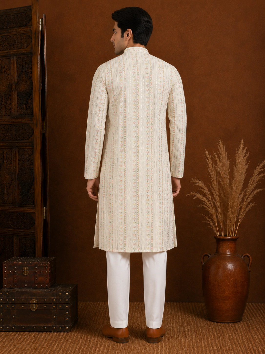 Men's Ivory Floral Embroidered Silk Kurta view 3