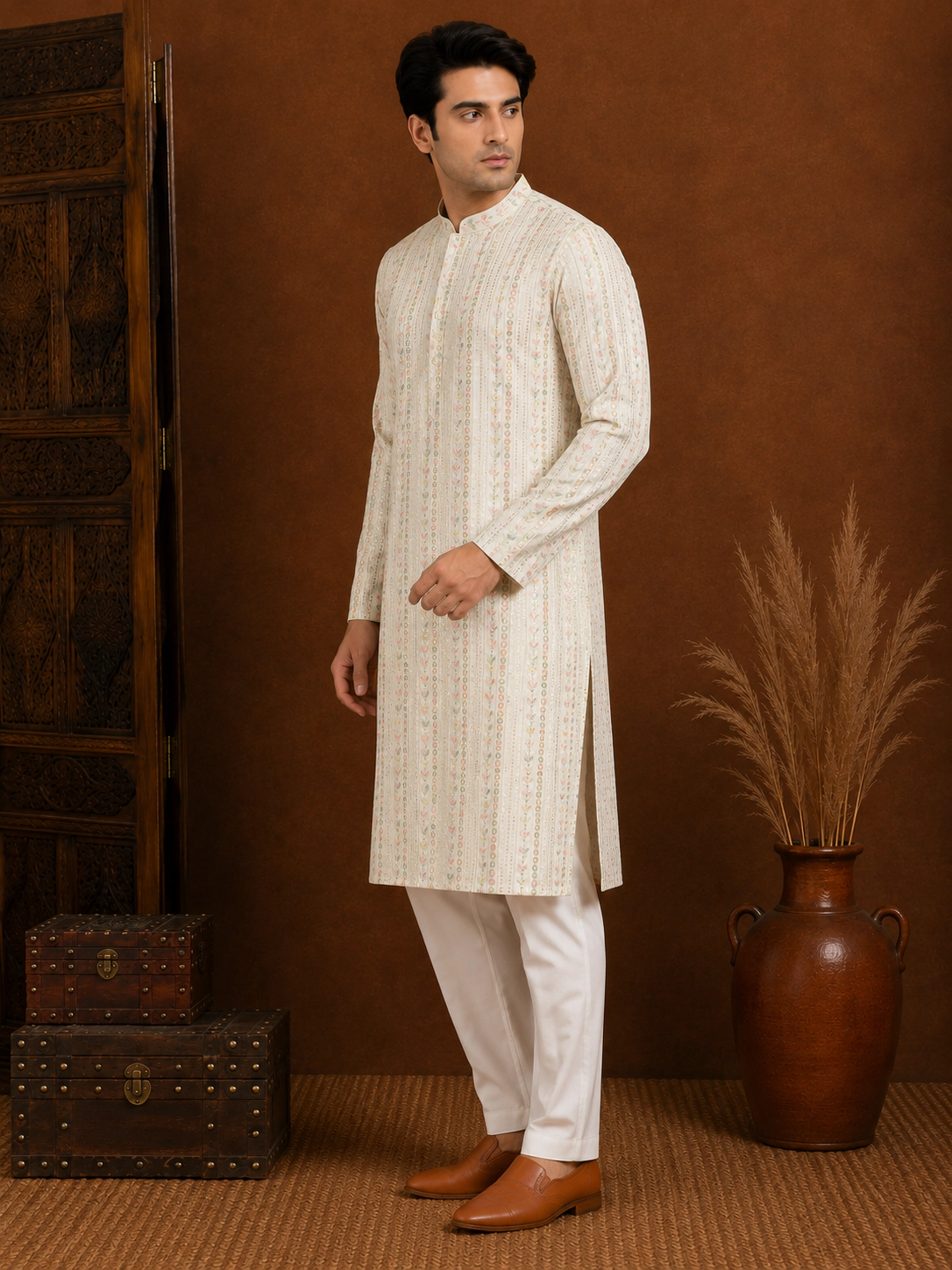 Men's Ivory Floral Embroidered Silk Kurta view 4