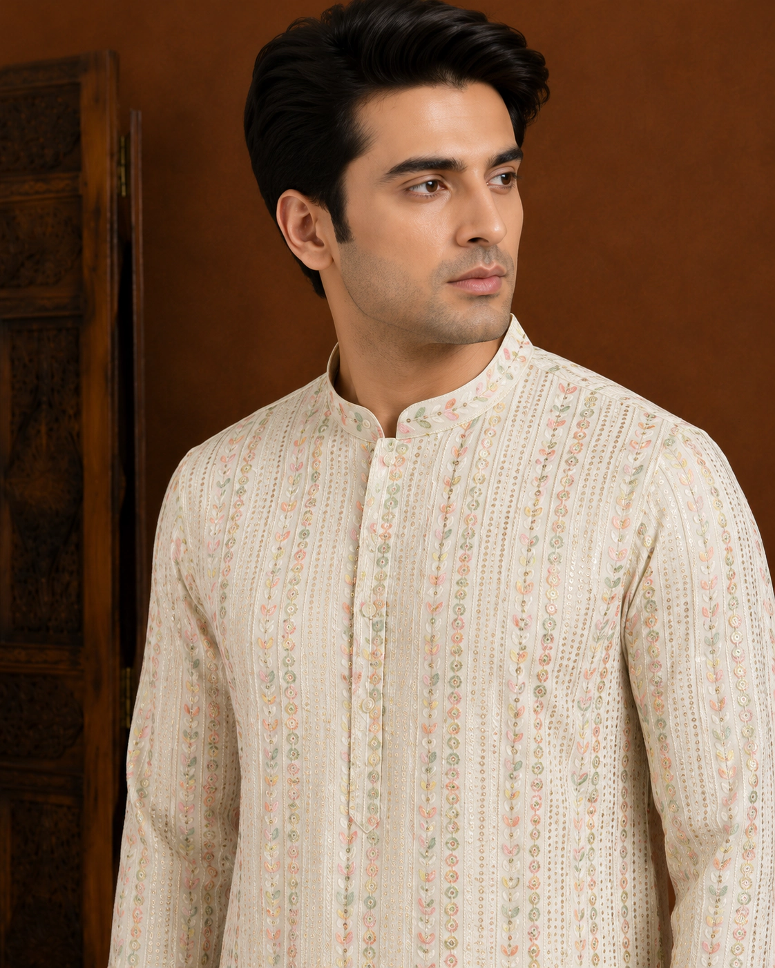 Men's Ivory Floral Embroidered Silk Kurta view 2