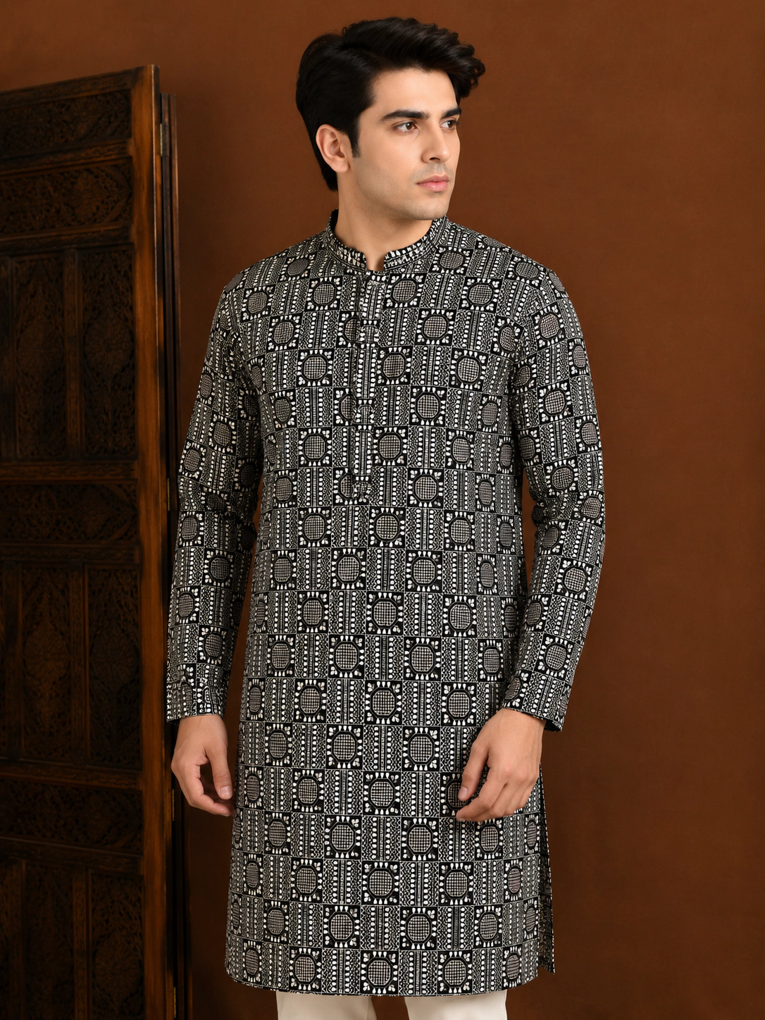 Men's Black Geometric Embroidered Silk Kurta