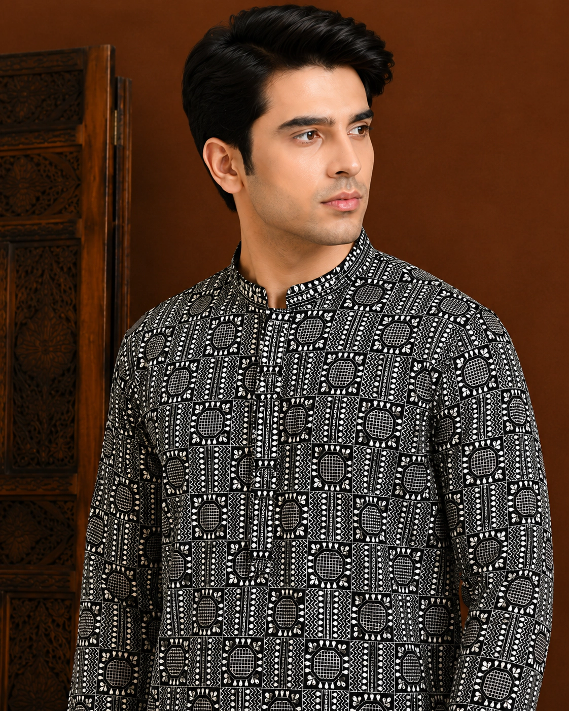 Men's Black Geometric Embroidered Silk Kurta view 2