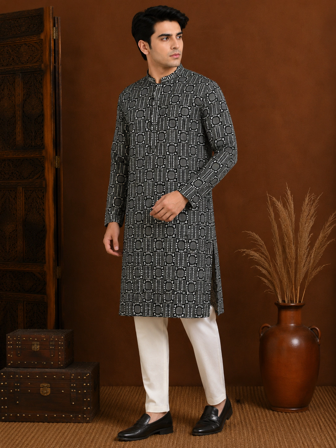 Men's Black Geometric Embroidered Silk Kurta view 4
