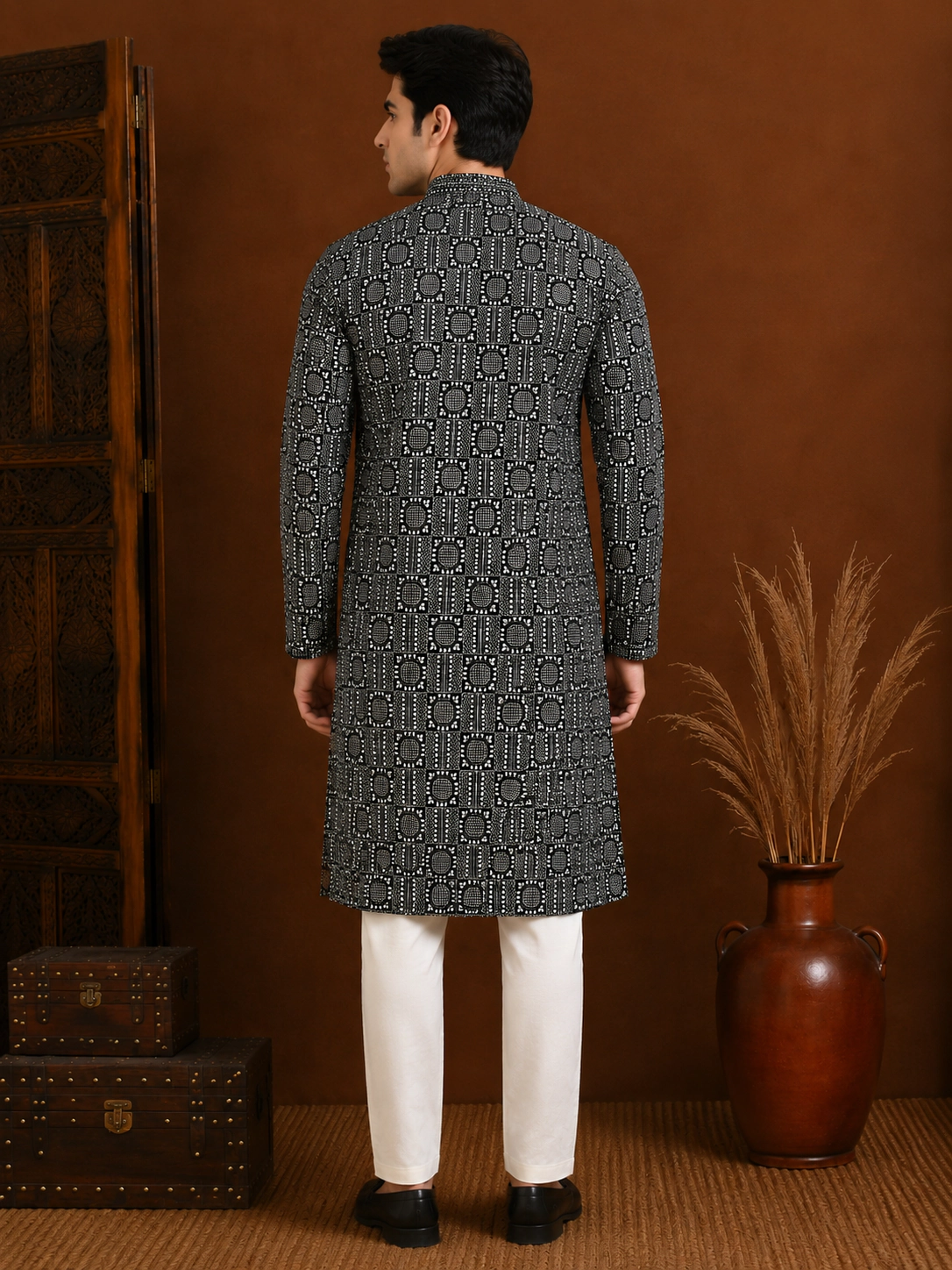 Men's Black Geometric Embroidered Silk Kurta view 3