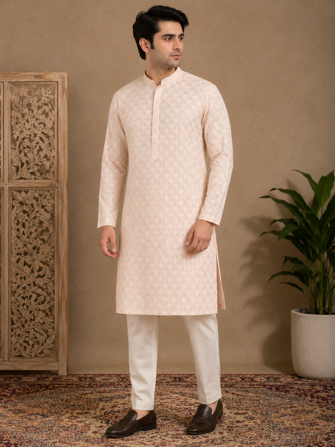 Men's Peach Embroidered Silk Kurta