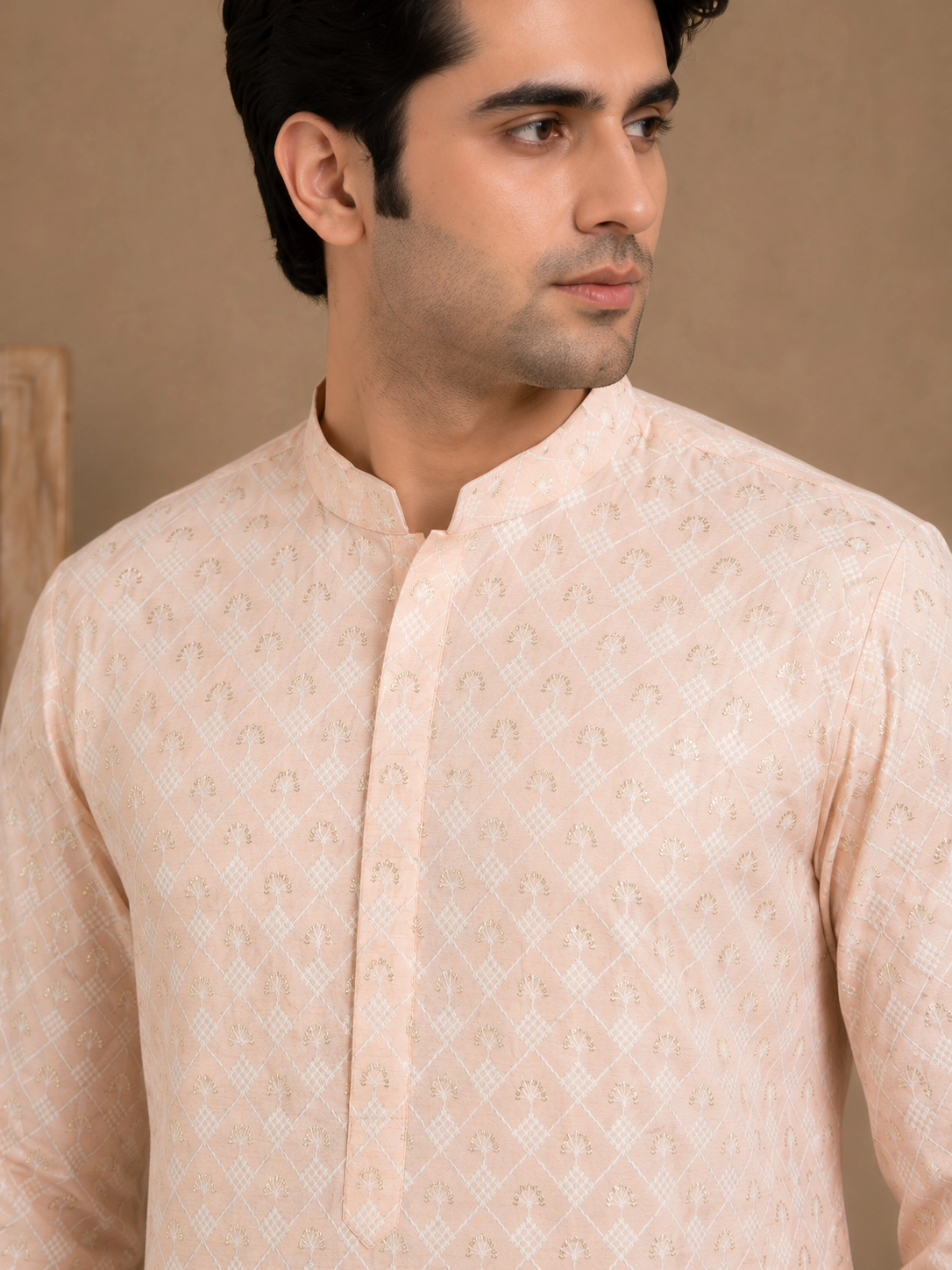 Men's Peach Embroidered Silk Kurta view 2