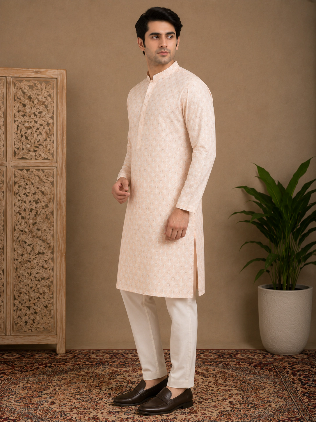 Men's Peach Embroidered Silk Kurta view 4