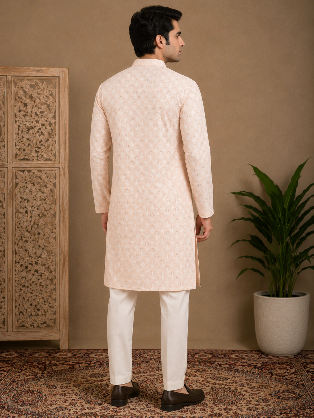 Men's Peach Embroidered Silk Kurta view 3