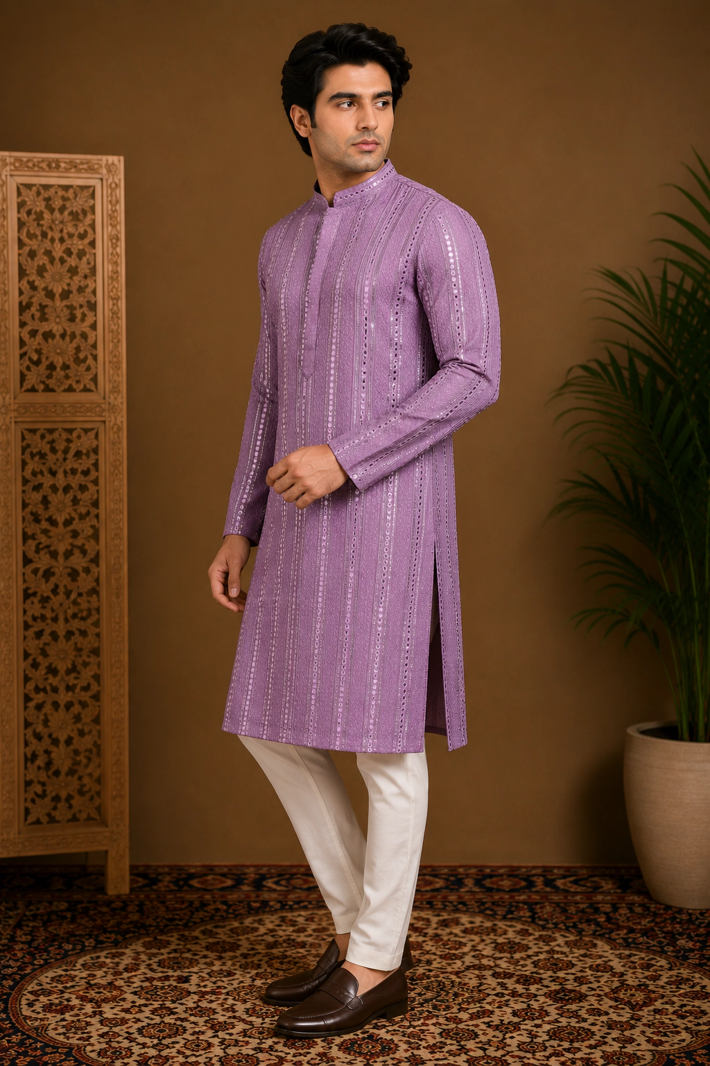 Men's Lavender Embroidered Silk Kurta view 4