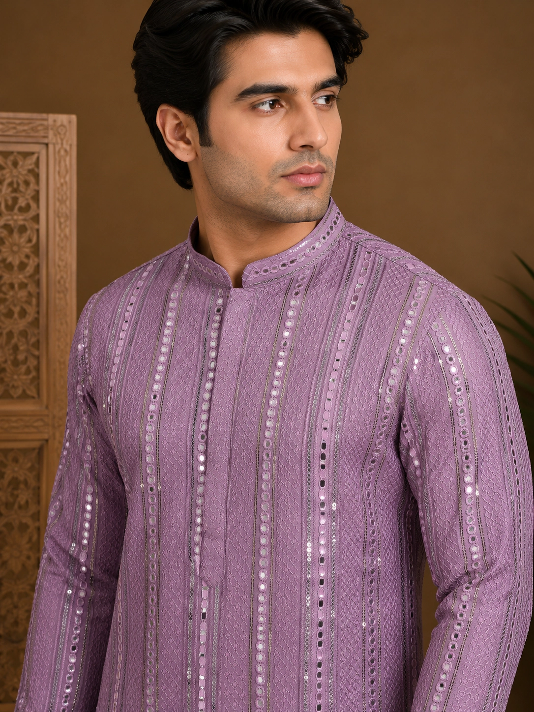 Men's Lavender Embroidered Silk Kurta view 2