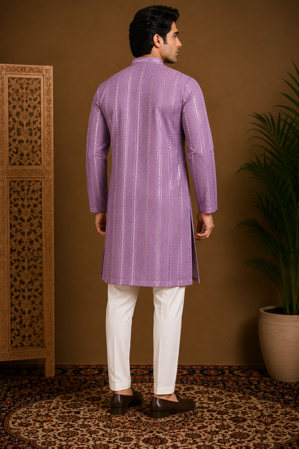 Men's Lavender Embroidered Silk Kurta view 3