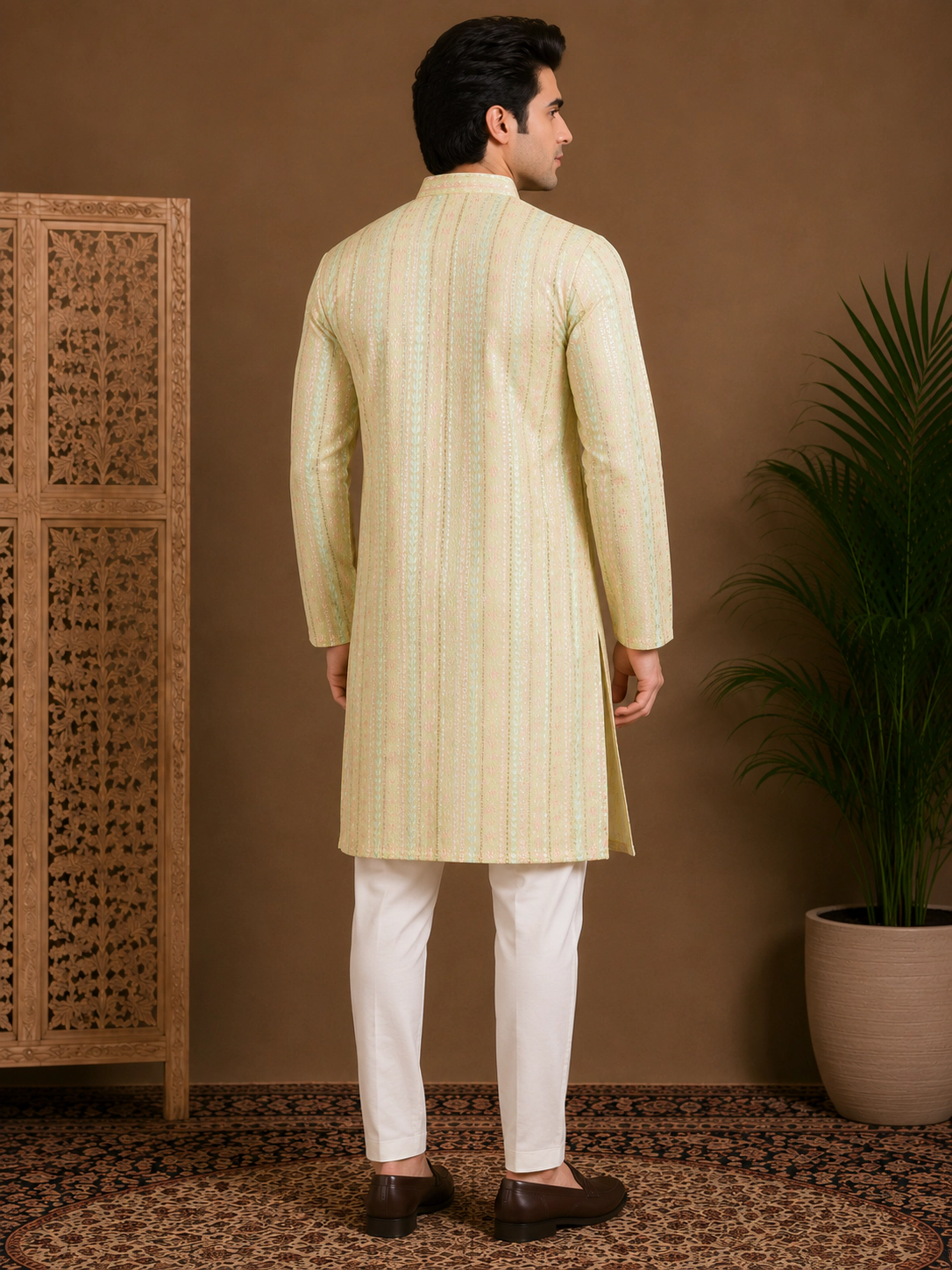Men's Pastel Yellow Embroidered Silk Kurta view 3