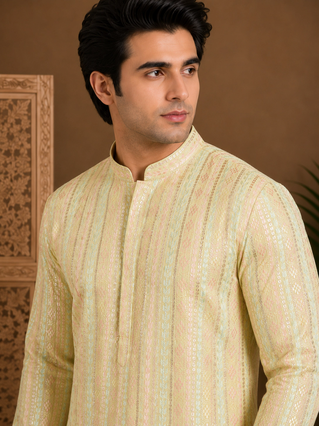Men's Pastel Yellow Embroidered Silk Kurta view 2