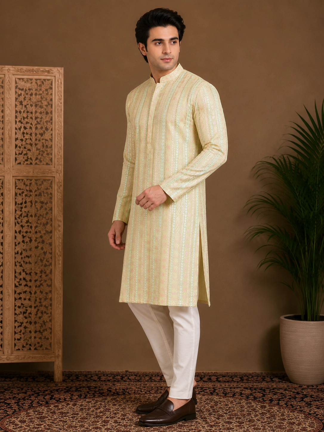 Men's Pastel Yellow Embroidered Silk Kurta view 4