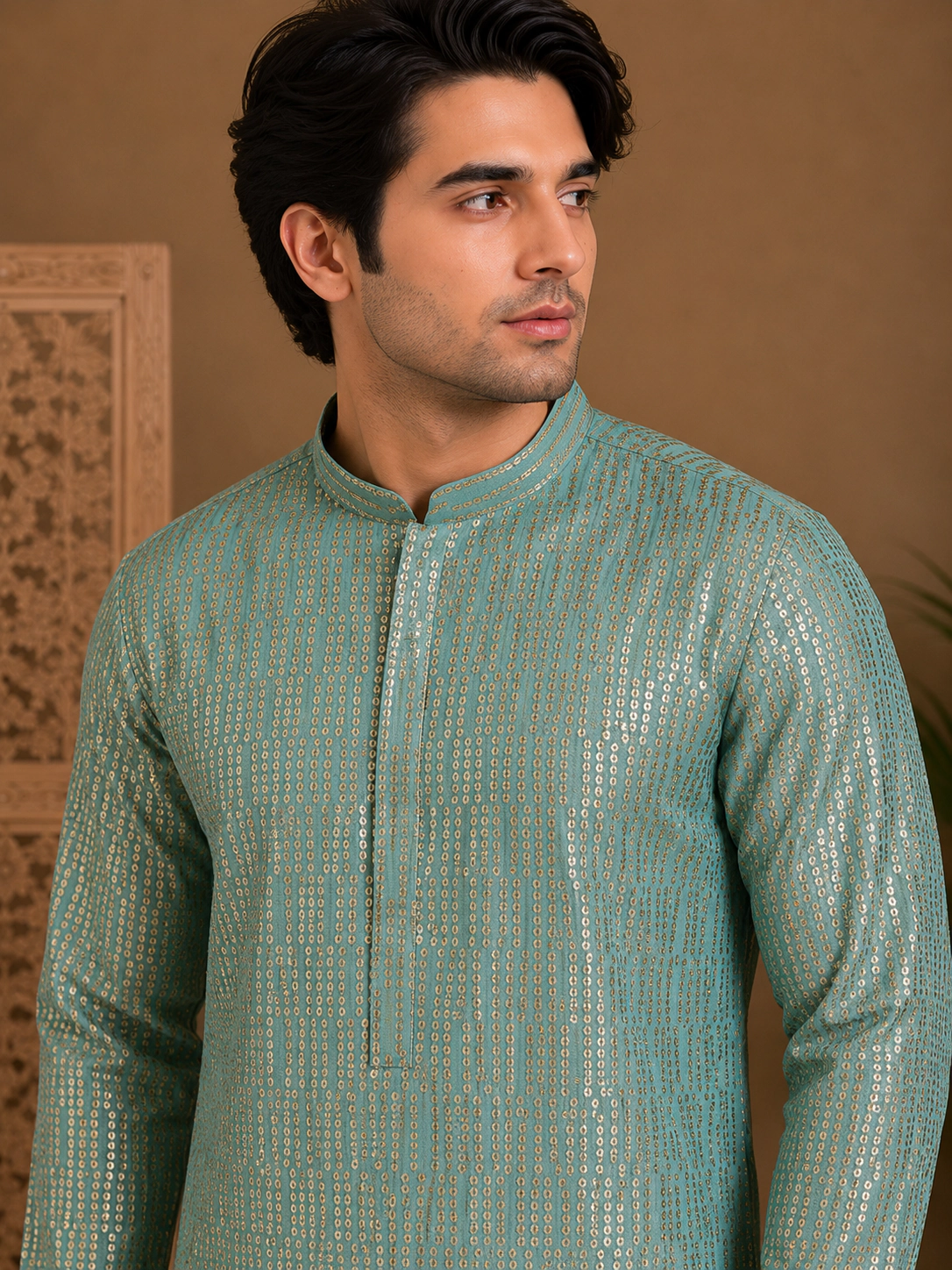 Men's Aqua Blue Embroidered Silk Kurta view 2