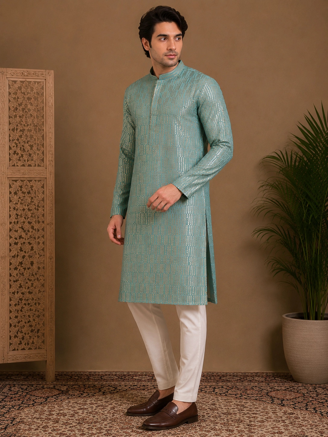 Men's Aqua Blue Embroidered Silk Kurta view 4