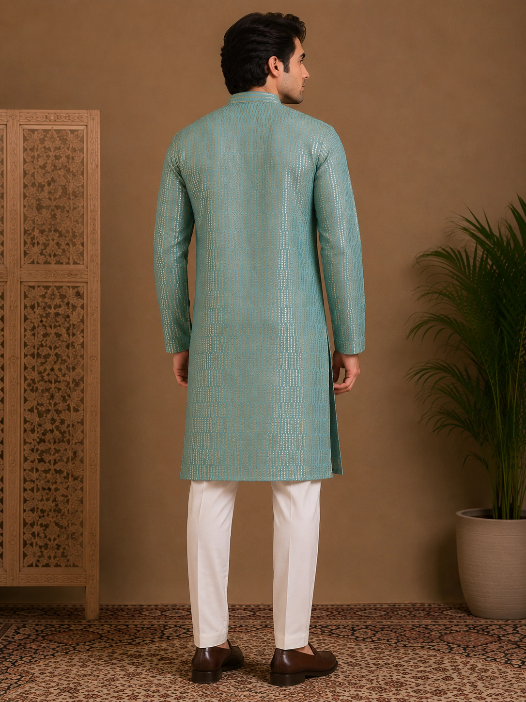 Men's Aqua Blue Embroidered Silk Kurta view 3