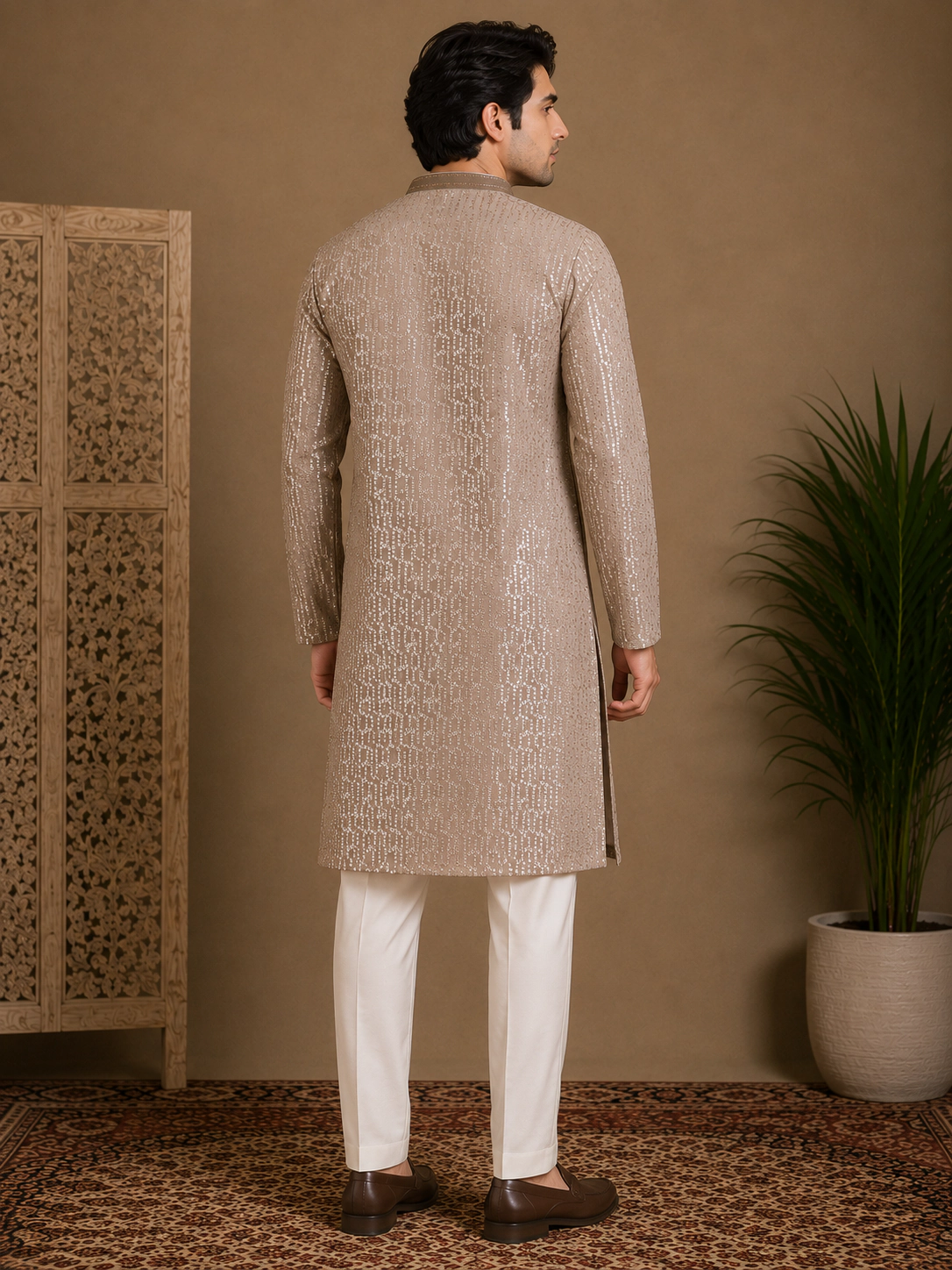 Men's Beige Embroidered Silk Kurta view 3