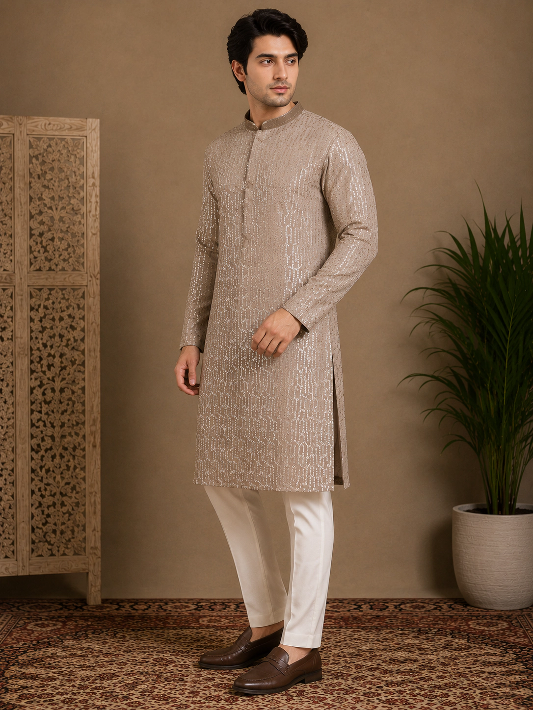 Men's Beige Embroidered Silk Kurta view 4