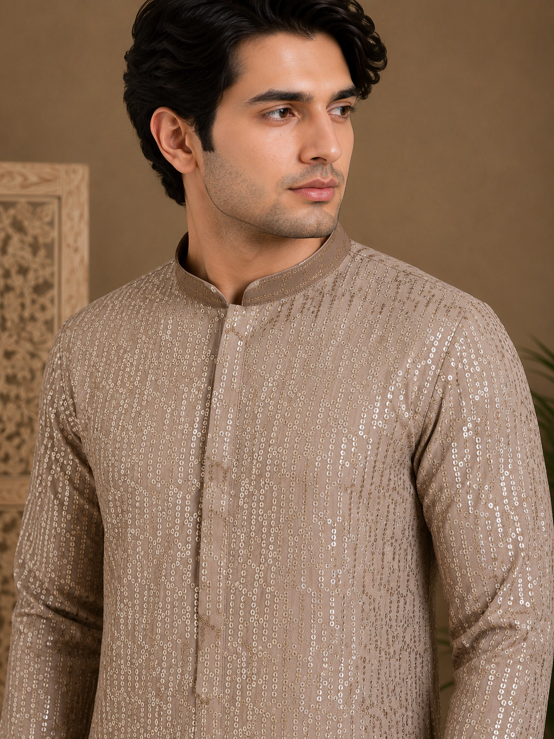 Men's Beige Embroidered Silk Kurta view 2