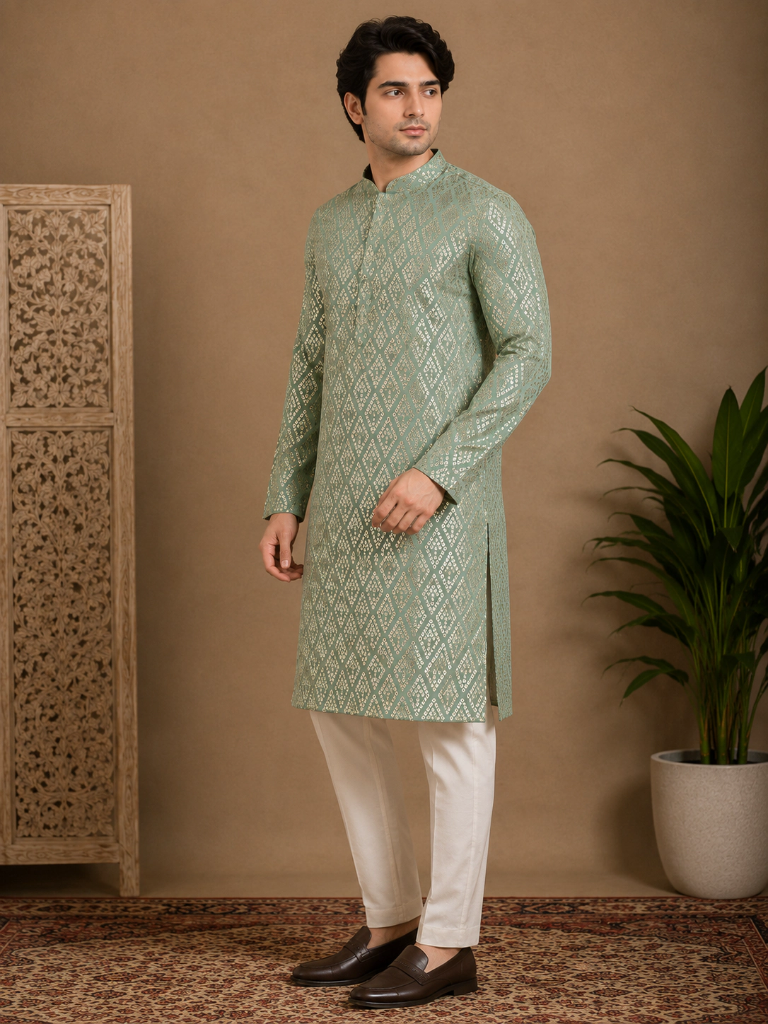 Men's Sage Green Embroidered Silk Kurta view 4