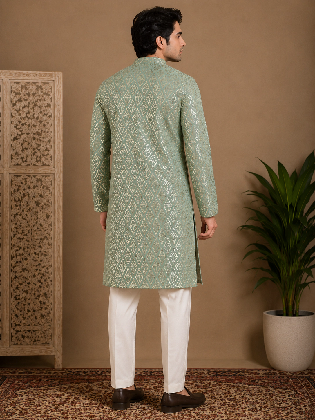 Men's Sage Green Embroidered Silk Kurta view 3