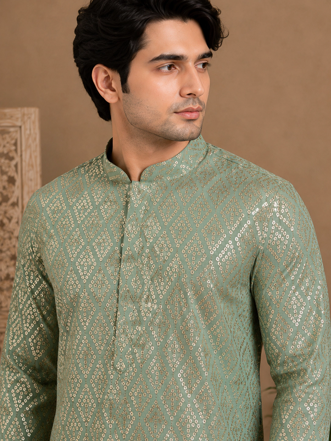 Men's Sage Green Embroidered Silk Kurta view 2