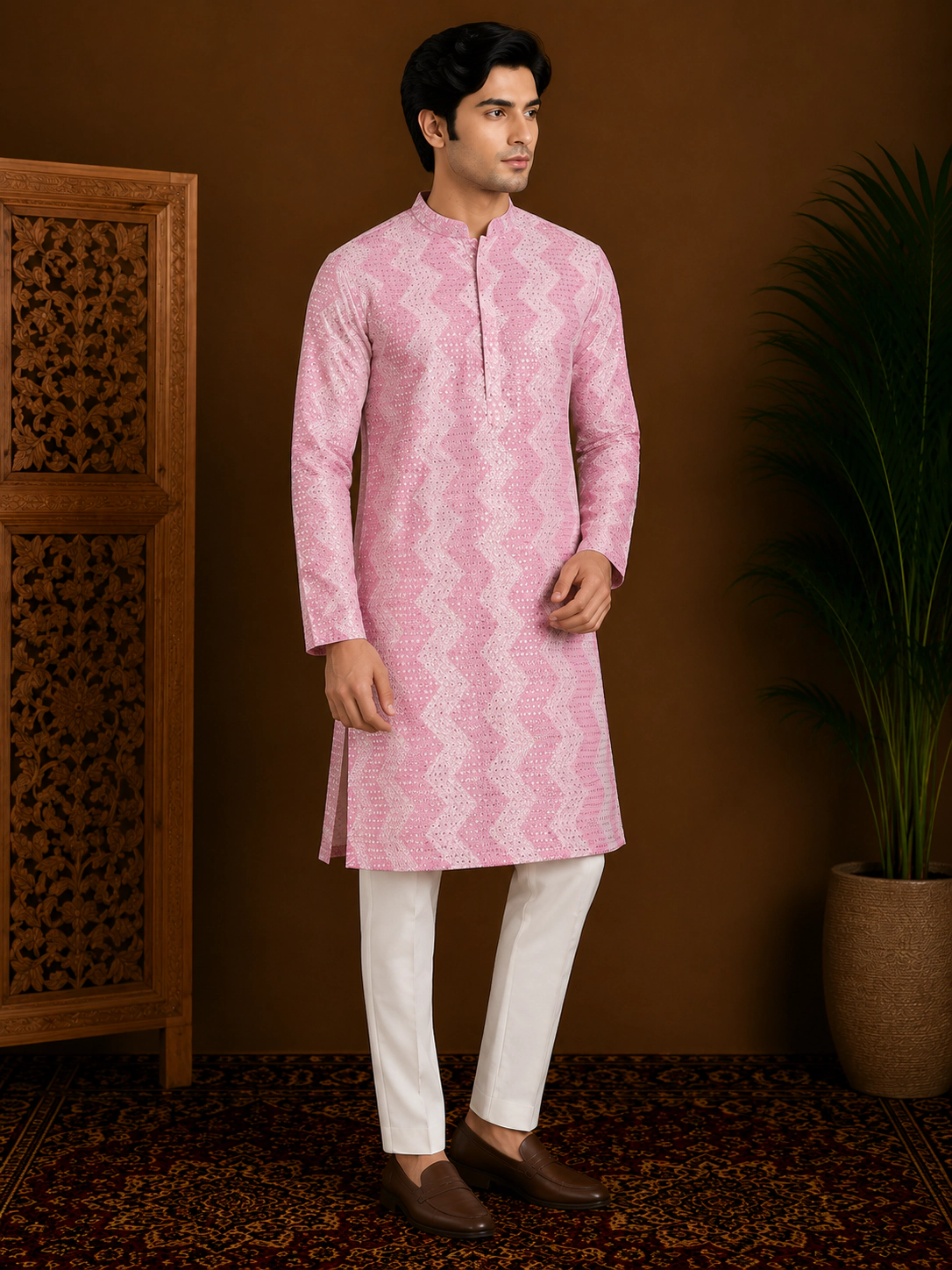 Men's Pink Embroidered Silk Kurta view 4