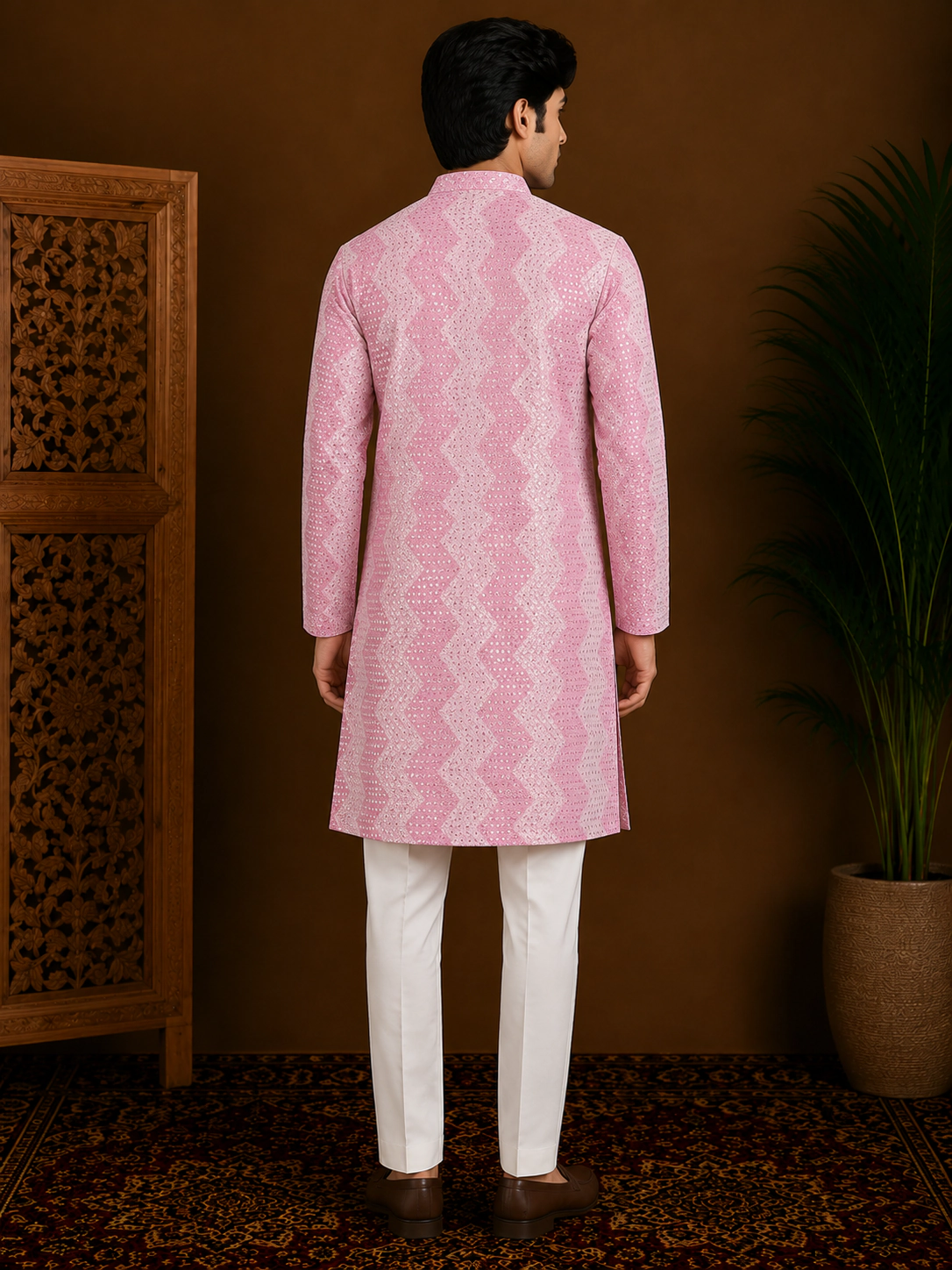 Men's Pink Embroidered Silk Kurta view 3