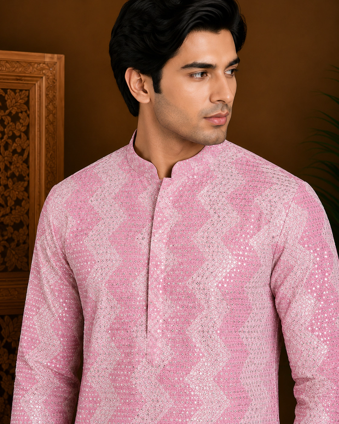 Men's Pink Embroidered Silk Kurta view 2