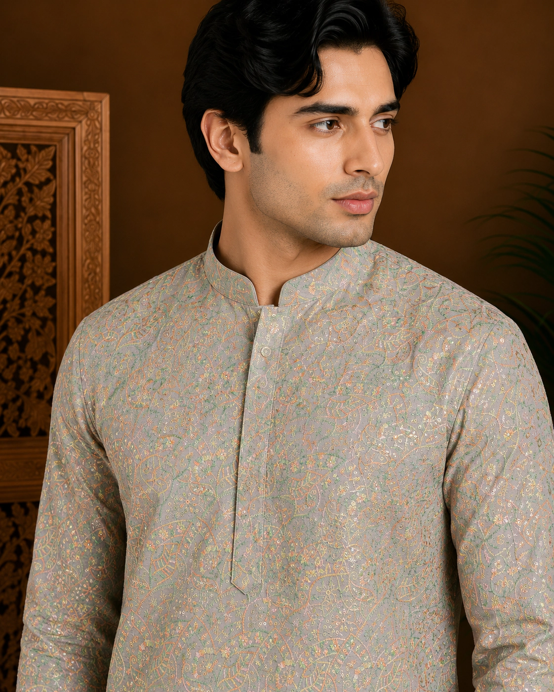 Men's Sage Green Printed Silk Kurta view 2
