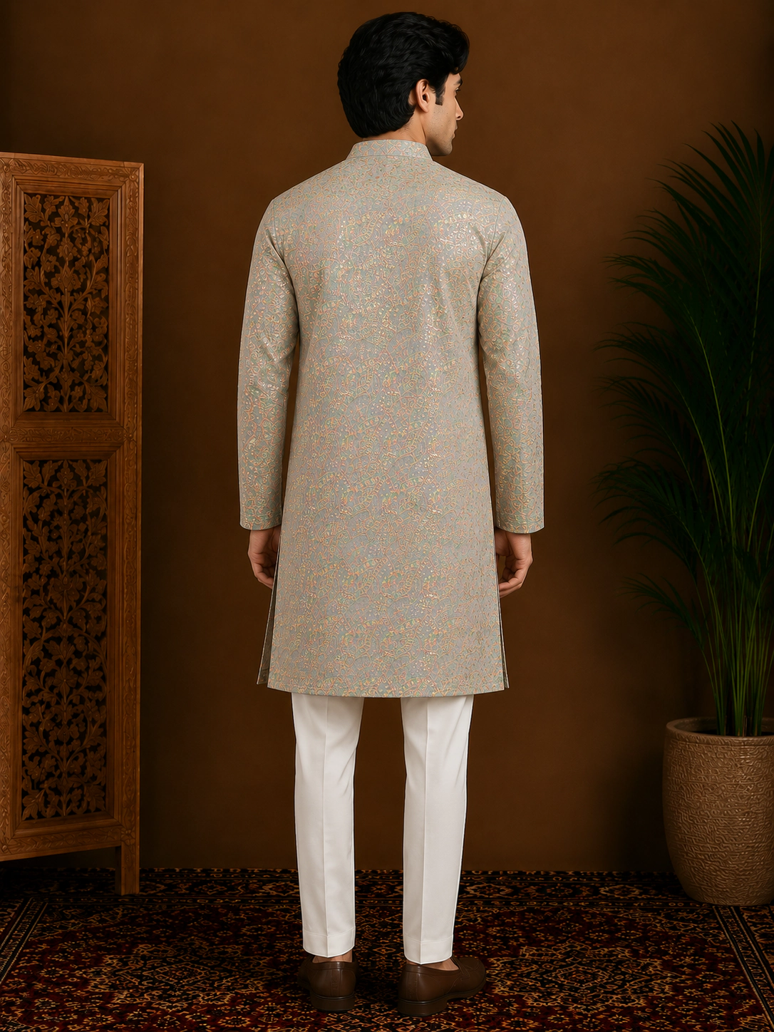 Men's Sage Green Printed Silk Kurta view 3