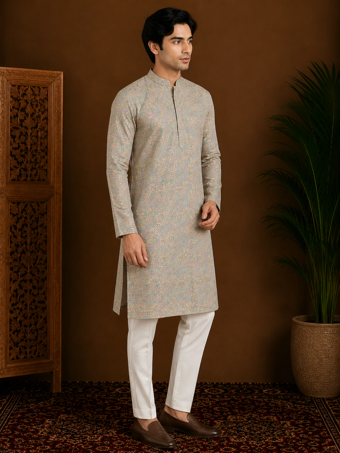 Men's Sage Green Printed Silk Kurta view 4