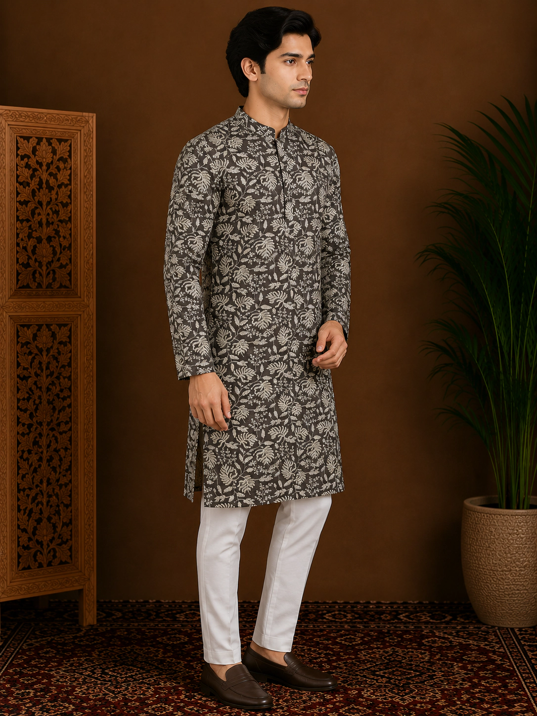 Men's Charcoal Floral Printed Silk Kurta view 4