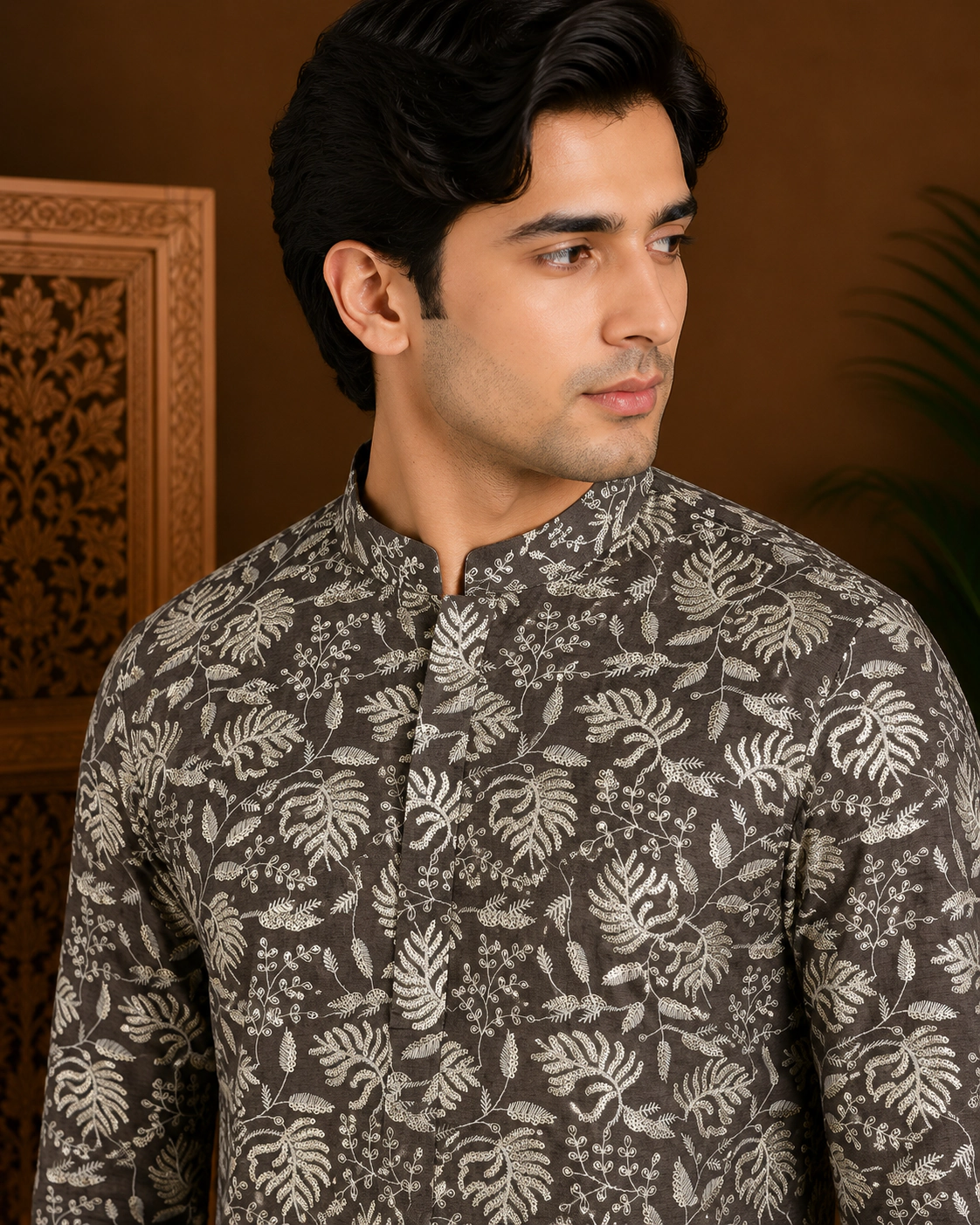 Men's Charcoal Floral Printed Silk Kurta view 2