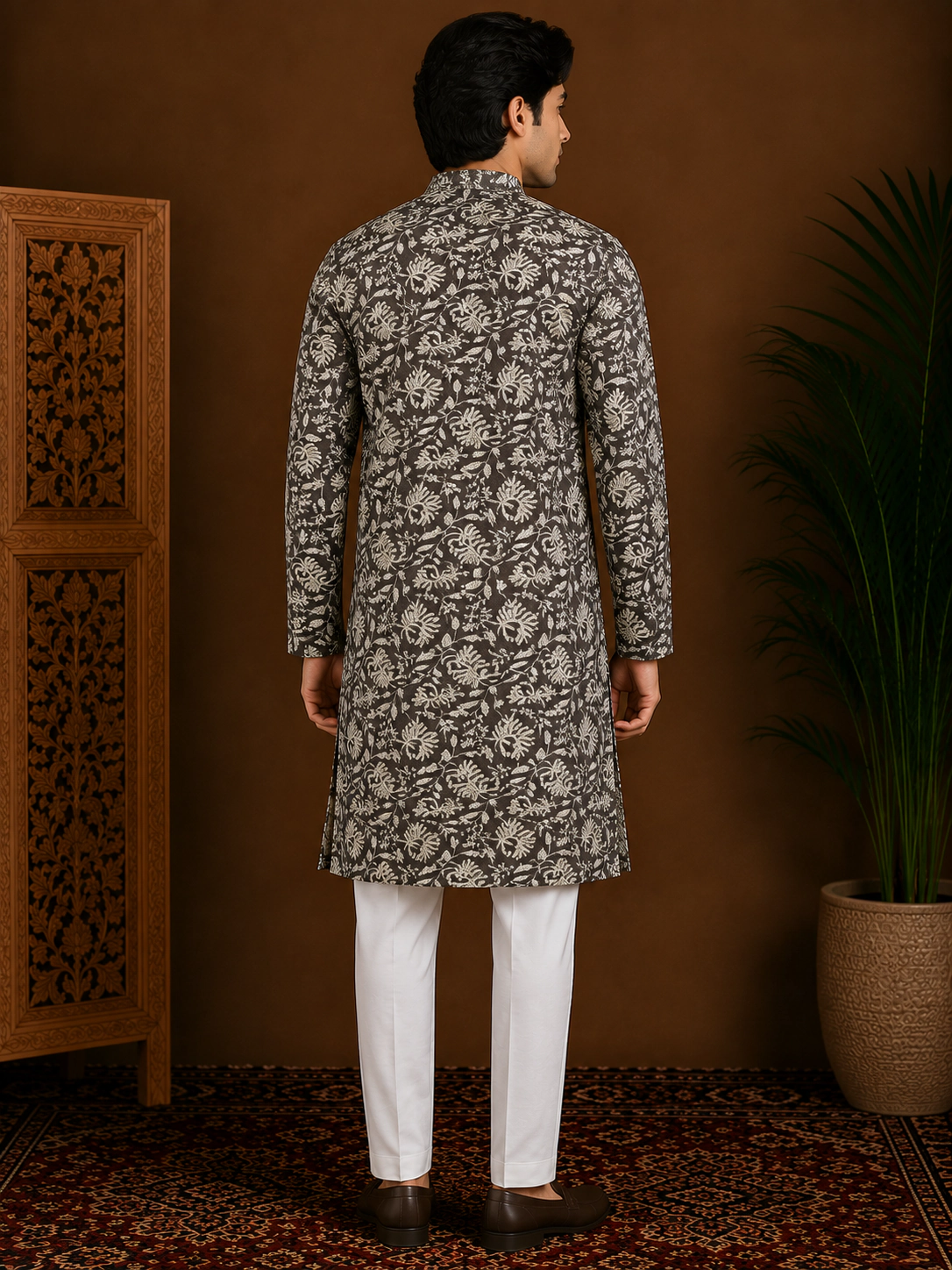 Men's Charcoal Floral Printed Silk Kurta view 3
