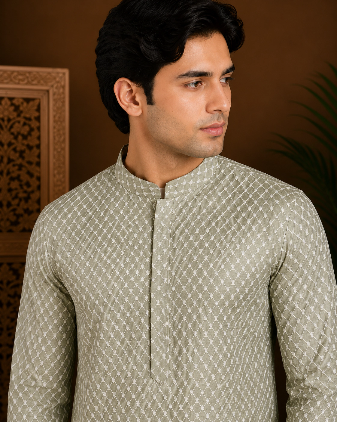 Men's Pistachio Embroidered Silk Kurta view 2